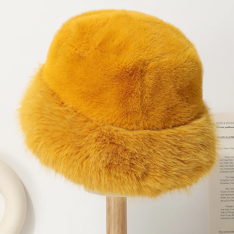 Große Faux Pelz Eimer Hut für Frauen Dicke Plüsch Warme Schöne Flauschigen Winter Hut Dame Luxus Mode Pelzigen Panama Fischer Kappe – Detail 24