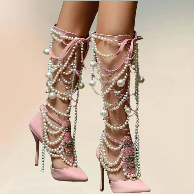 

Crystal Pearl Chain Pink Pointed Toe Sandals Boots Back Zipper Women Shoes Thin High Heels Novel Party 2024 Zapatos Para Mujere