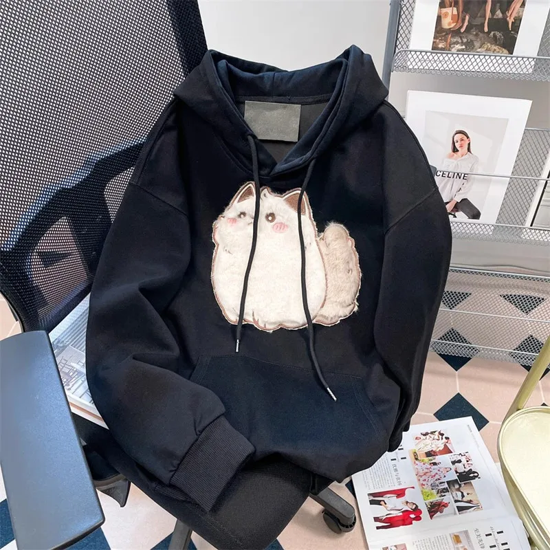 2026 Spring Autumn Couples Embroidered Cat Print Pullover Hoodie Cartoon Street Style Loose Fit for Women Girls