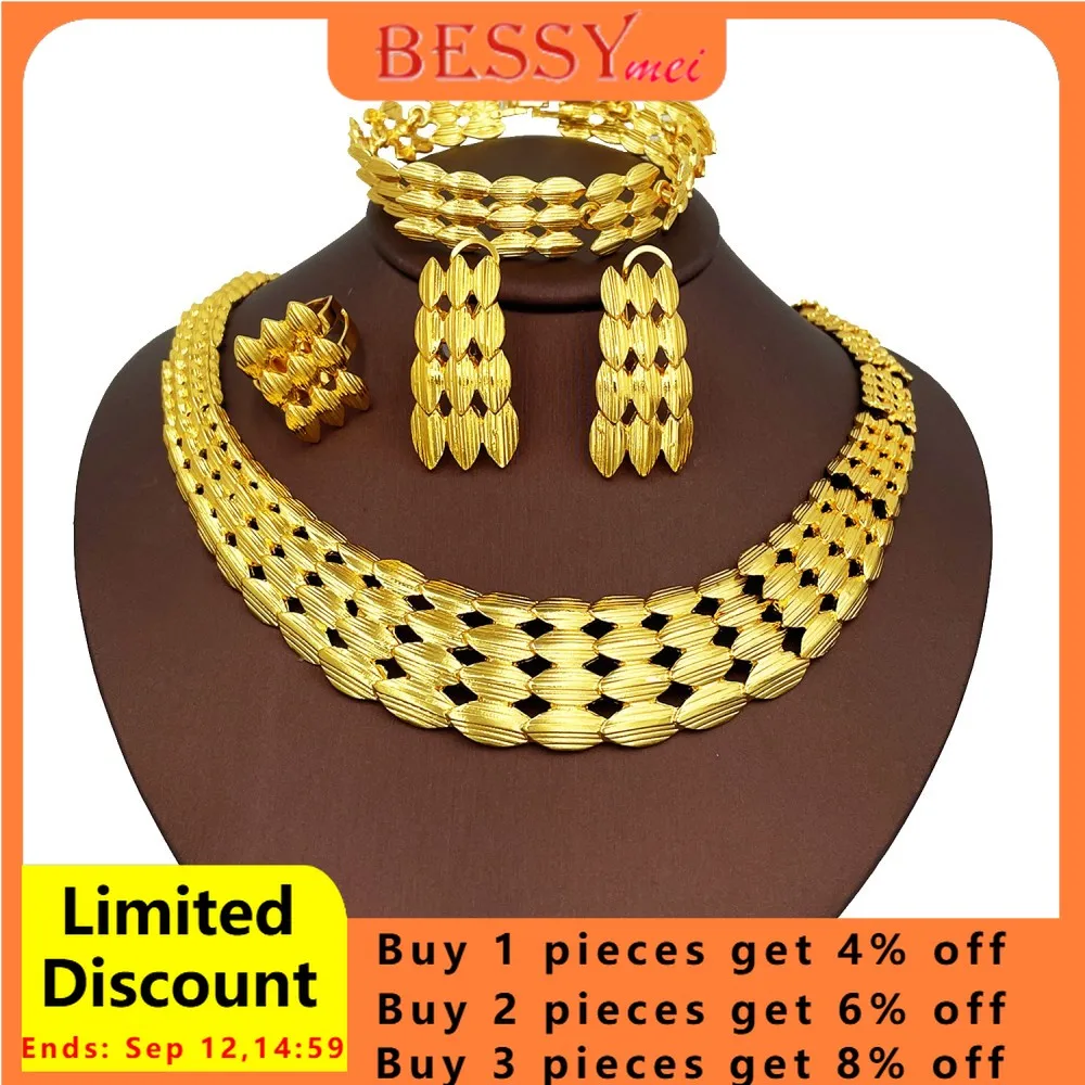 

Gold Color Africal Jewelry Set For Women Bridal Wedding Jewelry Gift Unique Design Choker Necklace Bracelet Earring Ring Sets