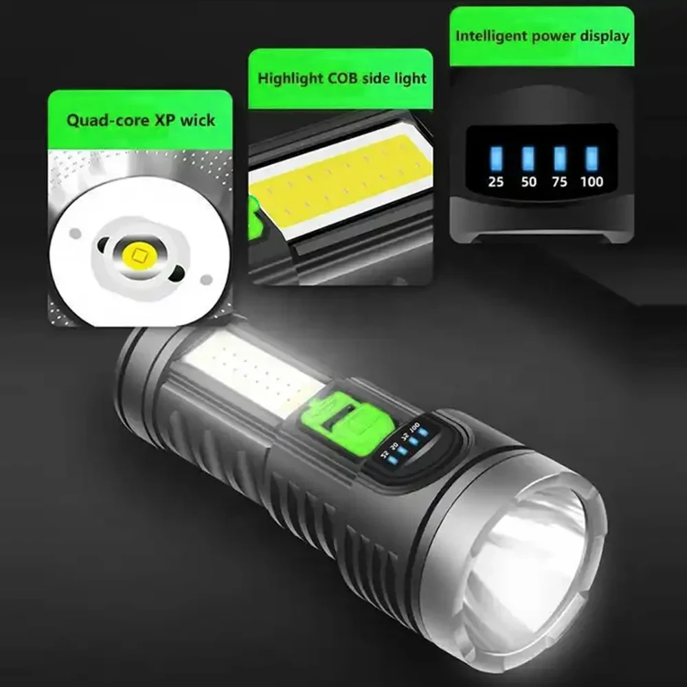 Powerful LED Flashlight With COB Light Waterproof Tactical Torch USB Rechargeable Lantern 4 Modes Lamp For Outdoor Camping