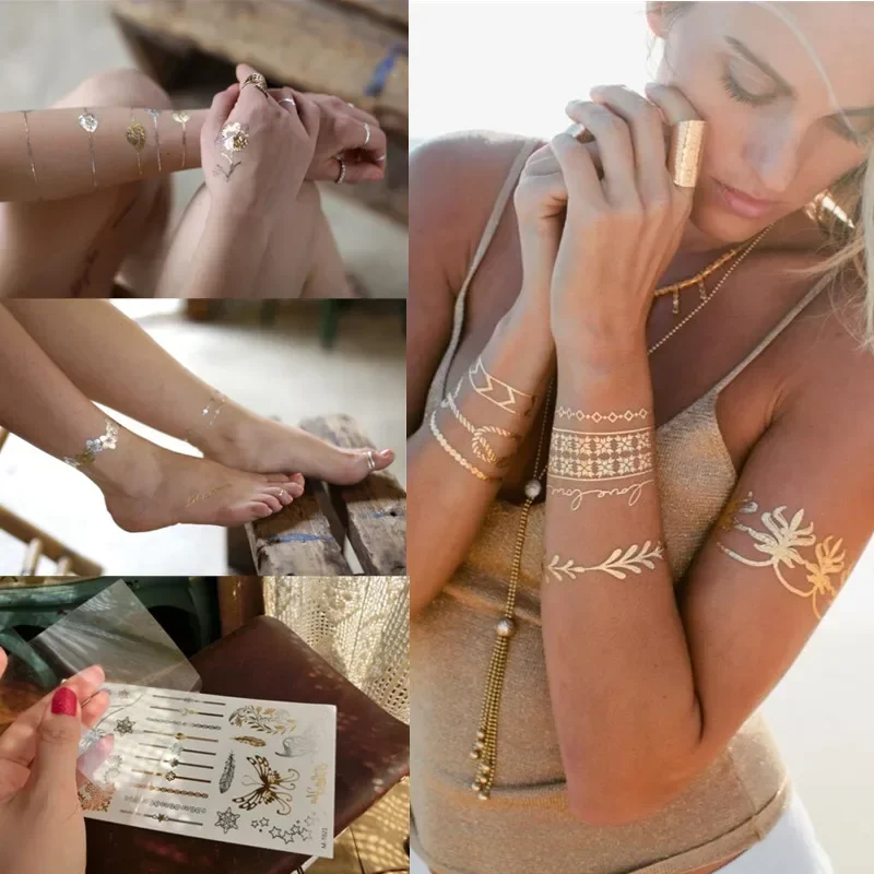 1pc Summer Style The Sea Glitters Chic Women Body Art Gold Metallic Tattoo Sticker Chain Bracelet Fake Jewelry Waterproof Tattoo