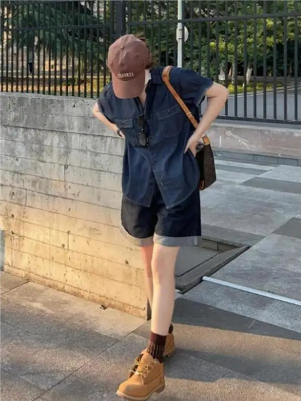 Retro Hong Kong Style Casual Denim Shirt Jacket Summer New Loose Slimming Wide Leg Shorts Two-Piece Set Versatile Cotton Blend