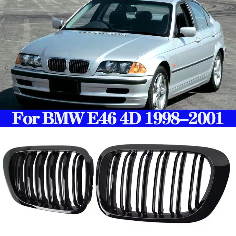 Przedni zderzak samochodowy Kratka nerkowa Kratki wyścigowe Kratki w kolorze czarnym błyszczącym do BMW serii 3 E46 4-drzwiowe 4D 4DR 1998-2001 Akcesoria