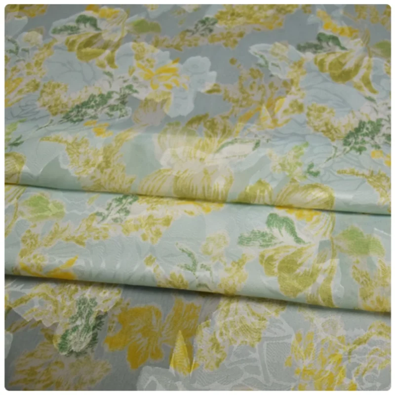 Elegant Fresh Yellow Green Flower Print Chiffon Fabric, Dress, Shirt, Han Cloth Sewing Handmade Tissue, Soft Transparent, T2230