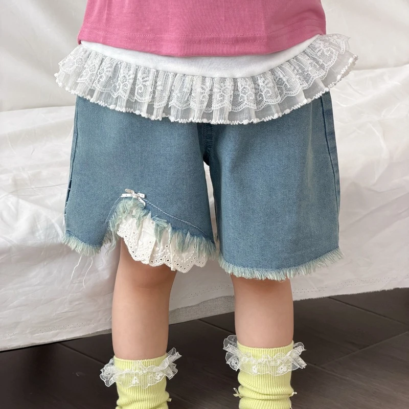 Girls Shorts 2026 Spring and Summer New Children's Clothing Korean Style Girl Baby Lace Worn Out Tassel Denim Shorts Simple