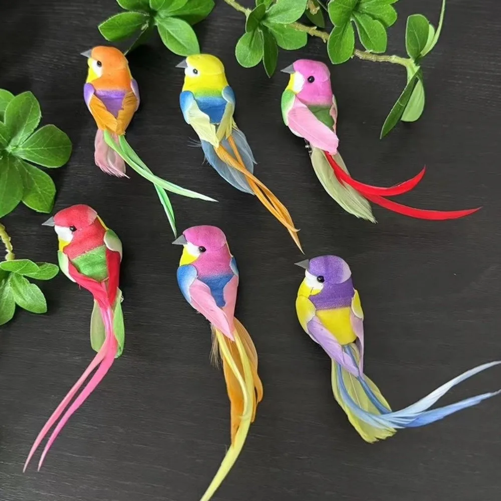 6pcs Colorful Simulation Birds Long-haired Sparrow Photography Props Decorative Fake Bird with Clip Home Decor