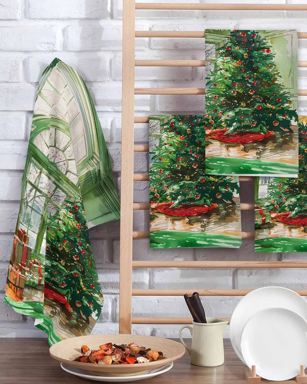 

Christmas Tree Watercolor Lantern Gift Window View 30*30cm Waffle Microfiber Kitchen Towel Cleaning Cloth Scouring Wiping Rag