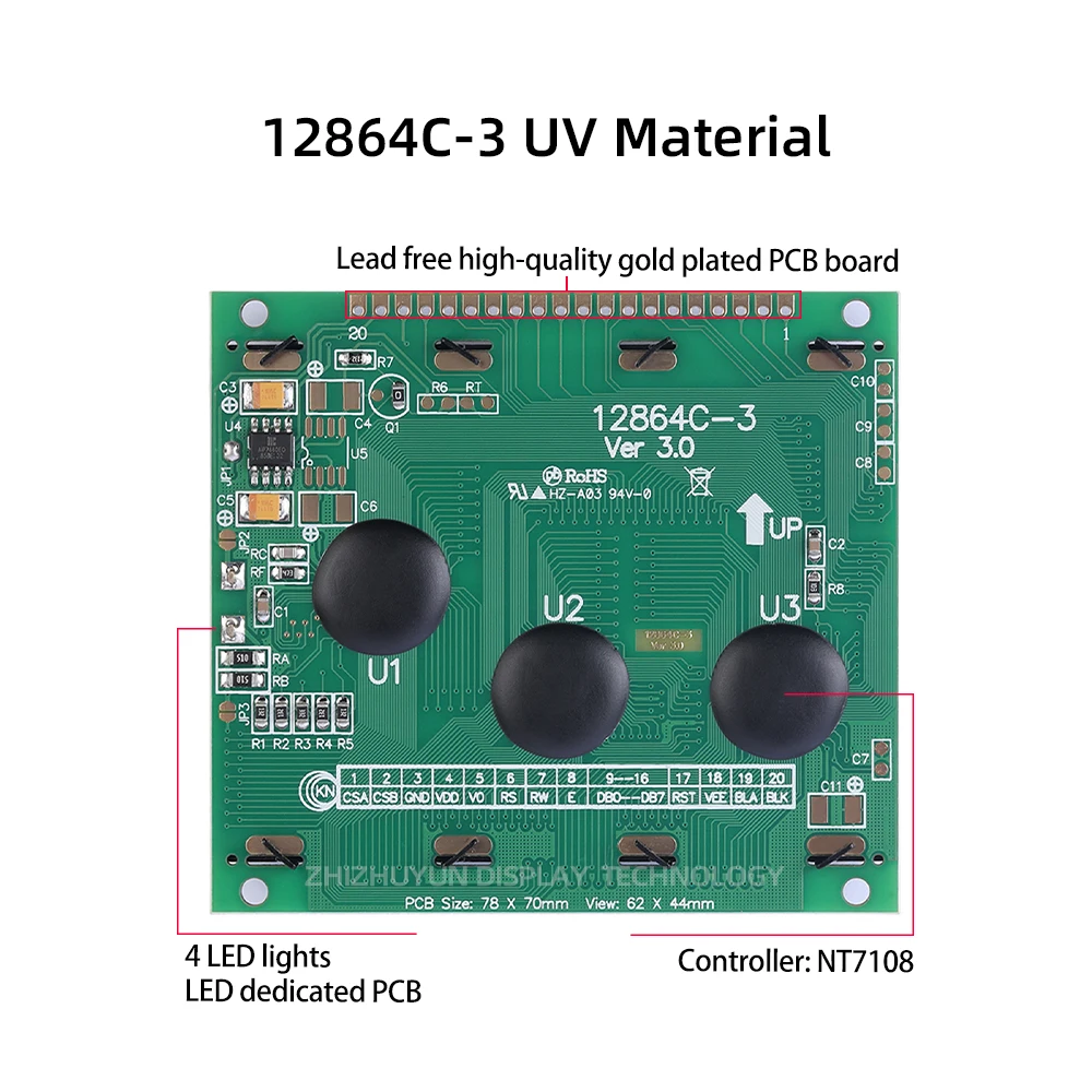 UV 소재 LCD 디스플레이 스크린, 녹색 플라스틱 20 핀 병렬 포트, 78X70mm 12864, 128x64 LCD 디스플레이 모듈, 12864C-3