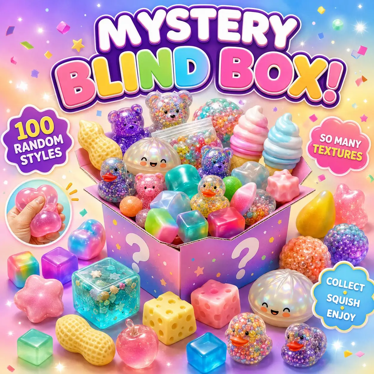 

100pcs Surprise Box Squishy Toys, Assorted Random Style Squeeze Figures With Jellyfish, Panda, Rabbit, Duck, Food Shape, Funny Face, Fruit Shape And Colorful Mystery Toy Designs For Party Favor And Daily Desk Fun