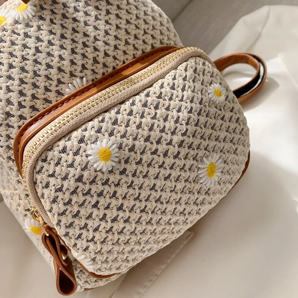 Mini Floral Embroidered Straw Bag Perfect For Summer Beach Travel Vacation Fashionable Student Straw Small Backpack