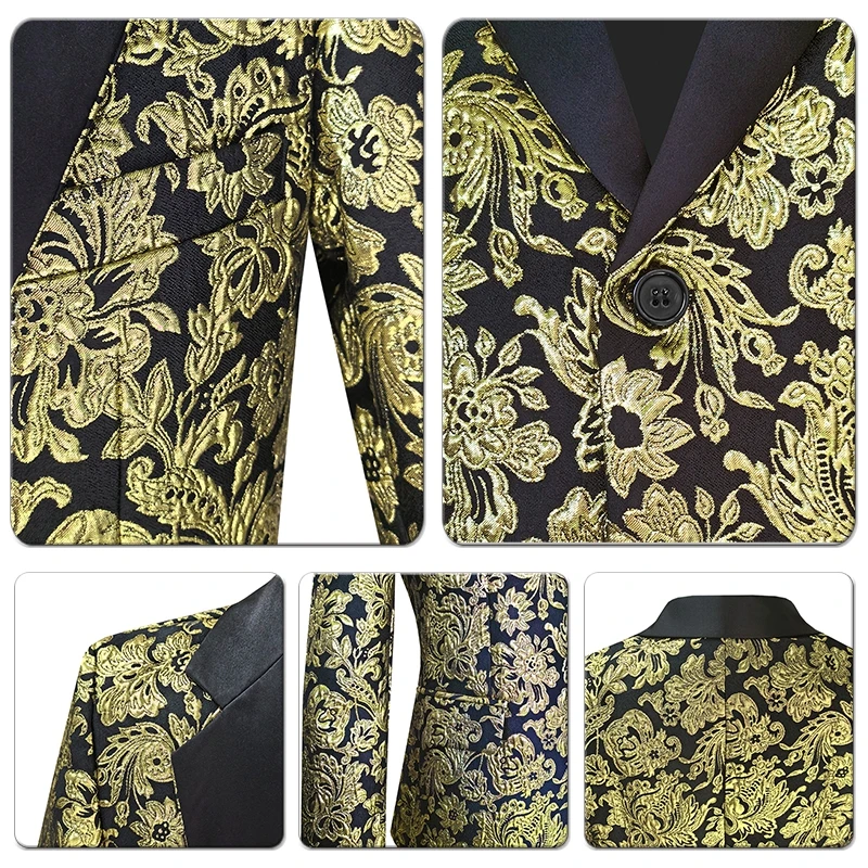 Blazer Jacquard floreale da uomo Fashion Slim Fit Costume maschile Wedding Groom Party smoking Dress Gold Jacquard Bronzing Floral Blazer