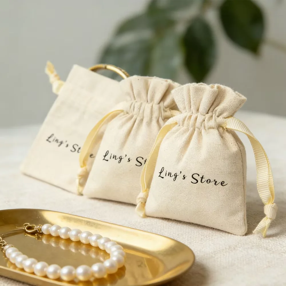 50 Bolsas de Muselina de Algodón Natural Personalizadas con Cordón, para Regalos, Aretes, Anillos, Cosméticos, DIY, Compras, Viajes, Almacenamiento