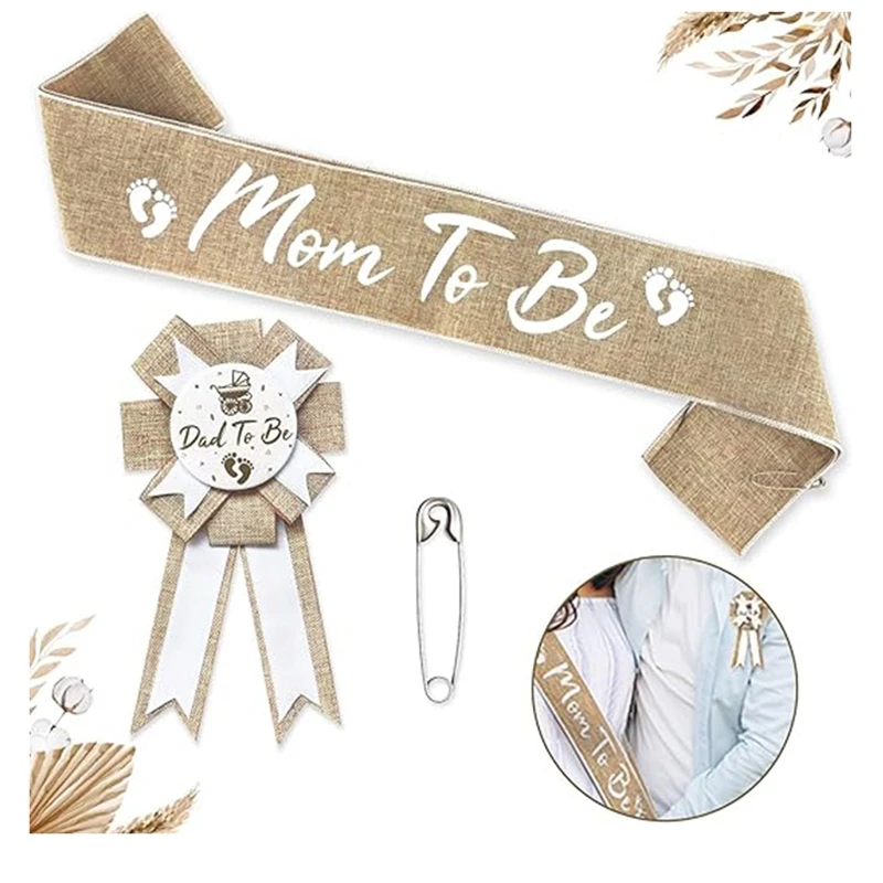 

Mom To Be Плечевой ремень Baby Shower Конопляная ткань Детский след Плечевой ремень Папа To Be Значок Cheer Be A Mom Dad Party Decor