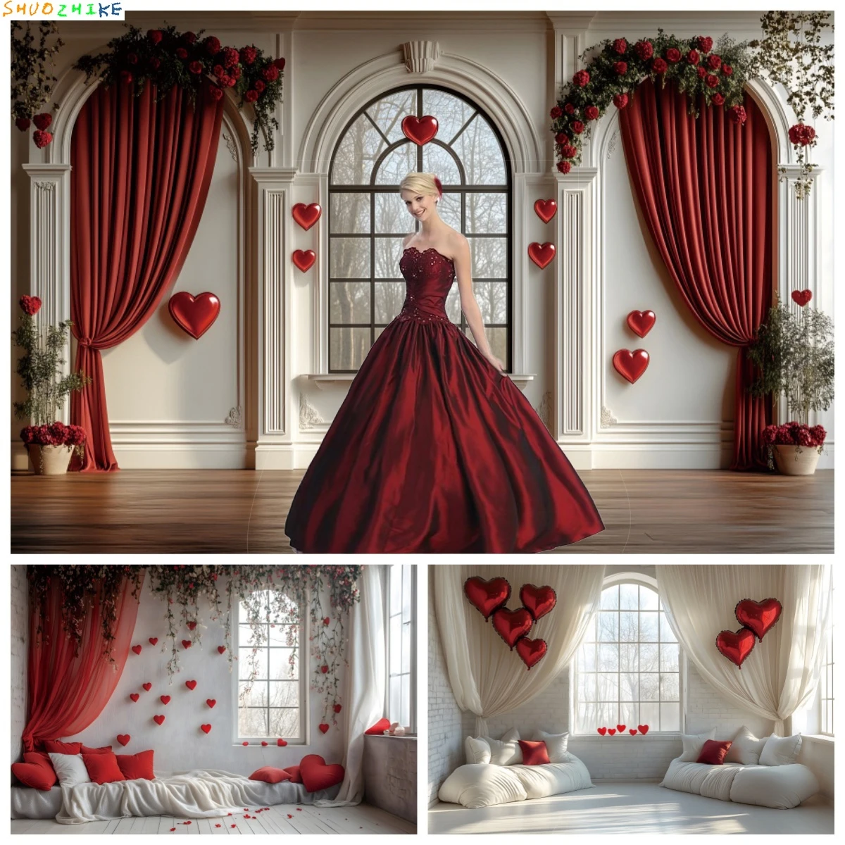 

Valentine's Day Photography Backdrops Red Curtain Love Heart Arch Door Window Wedding Scene Bridal Shower Background Photo Props
