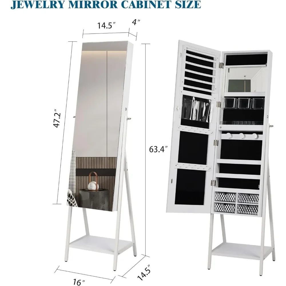 Vertical LED mirror jewelry cabinet, lockable jewelry storage device with full length mirror, mirror with LED light (white)