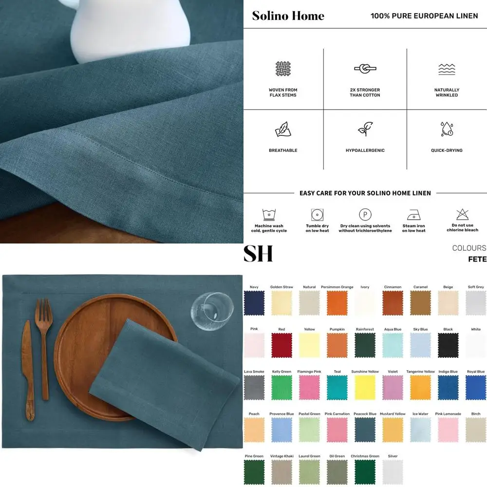 

Set of 4 Pure Linen Peacock Blue Placemats, 14x19 Inches, Ideal for Winter Celebrations