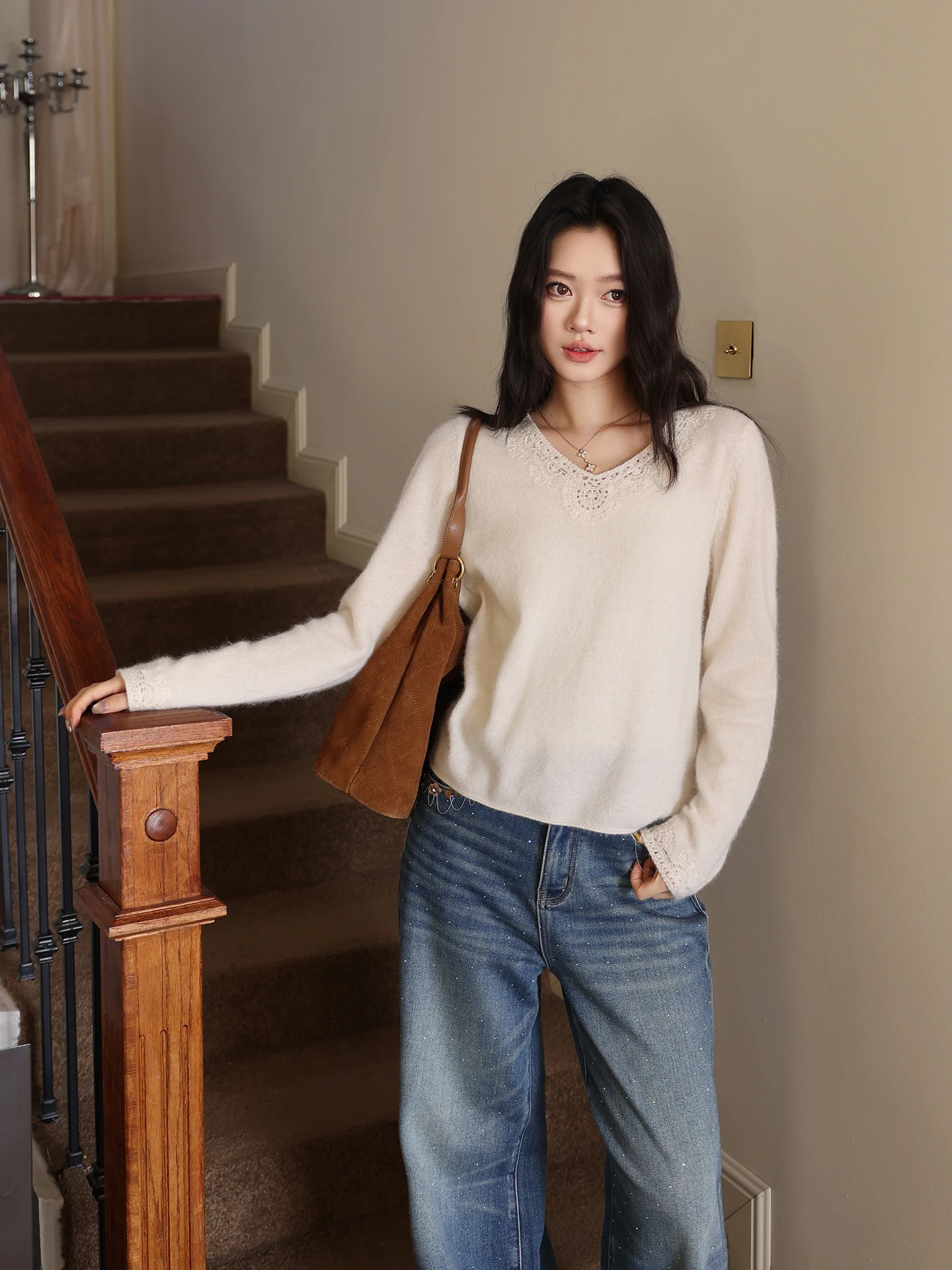 

Универсальный свитер Fce Snow Peak из мериносовой шерсти с V-образным вырезом, теплый, повседневный, свободного кроя, женский трикотаж, мягкий, комфортный, устойчивый к пятнам