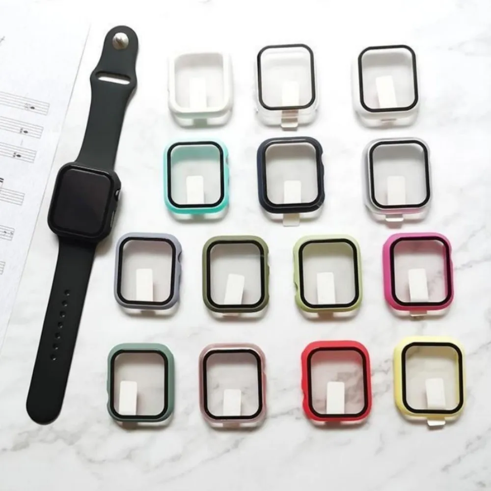 Sarung + kaca temper untuk Apple Watch, casing pelindung layar bumper PC keras Matte Seri 6 5 4 SE 40mm 44mm