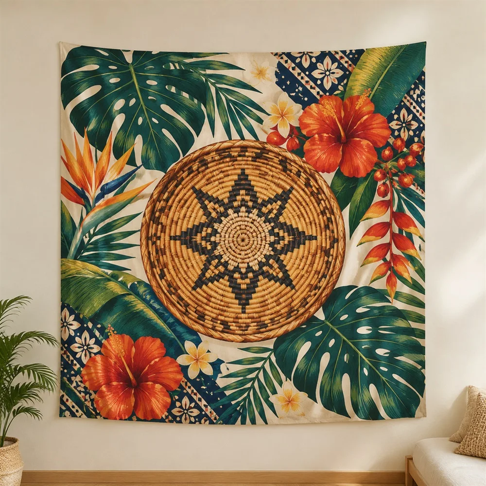 VIKAMA Rattan Weave Pattern Center Panel Tapestry Wall Hanging, Tropical Wall Decor Tapestries for Bedroom Living Room Study