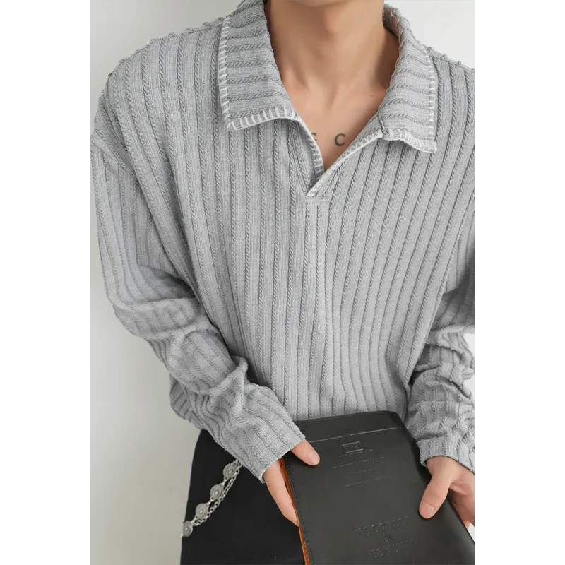 Light Gray Lapel Striped T-shirt Men's American Retro Long-sleeved Sweater