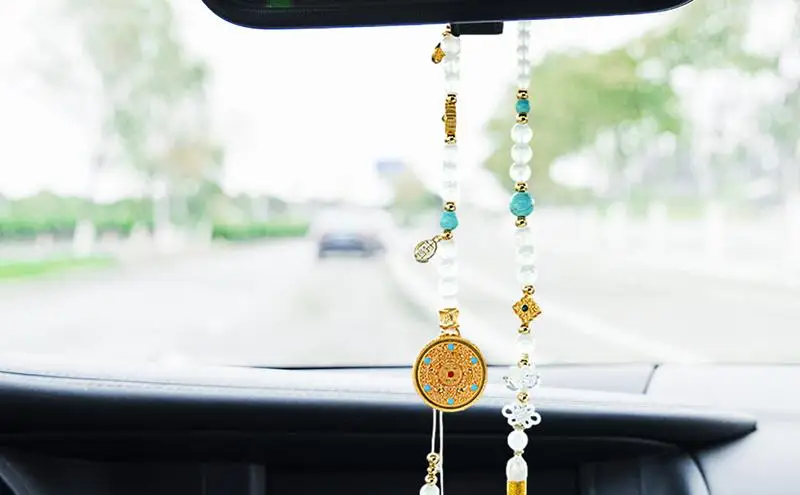 Chinese Rear View Mirror Charm Ancient Hollow Disc Car Pendant Artistic Elegance Decor Positivity Booster Charm Mirror accessory