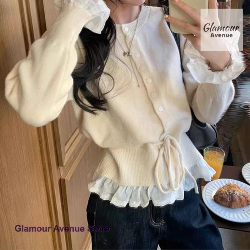 Korean style red fake two-piece round neck stitching knit cardigan women's autumn and winter design sense drawstring jacket