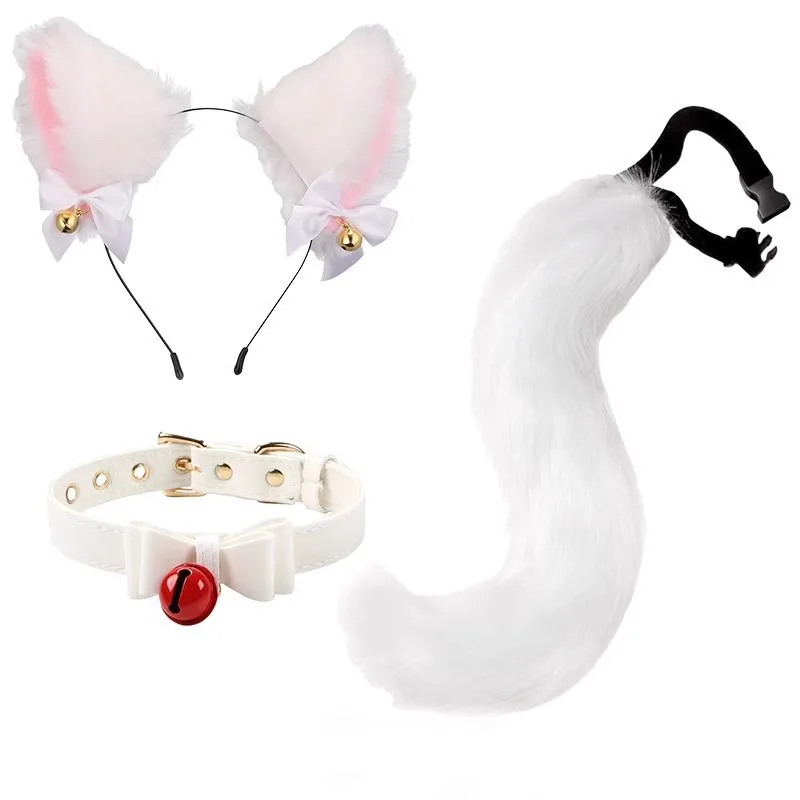 3 pçs/set pele macia raposa cauda orelhas de gato headwear laço sino colar cosplay traje lobo therian conjunto feminino festa de halloween accessori