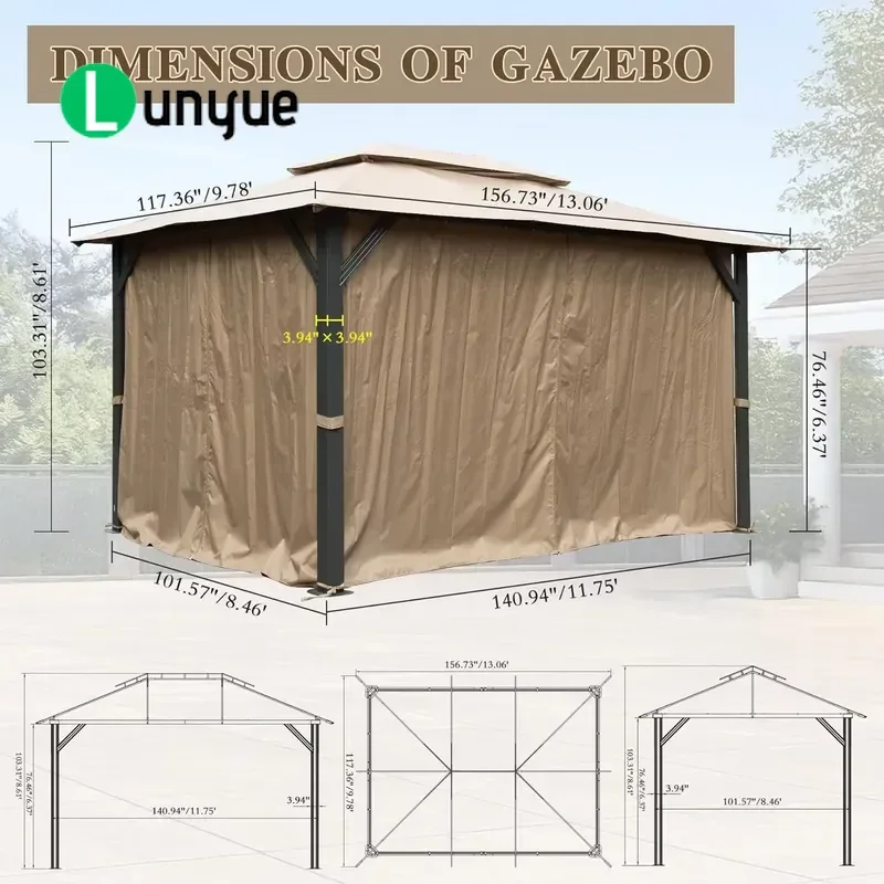 10x13ft Metal Gazebo Soft Top Outdoor Patio Canopy Double Roof with Mosquito Net Privacy Curtains Brown Garden Shelter