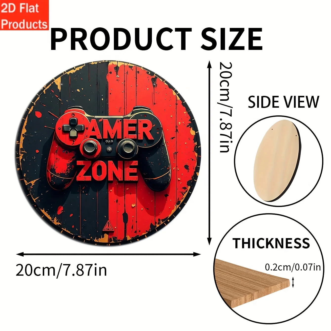 2D Flat, 8-Inch Round Wooden Wall Sign - Gaming Zone, with Game Controller And Splatter Paint Design, Home, Bar, Cafe, Front Doo