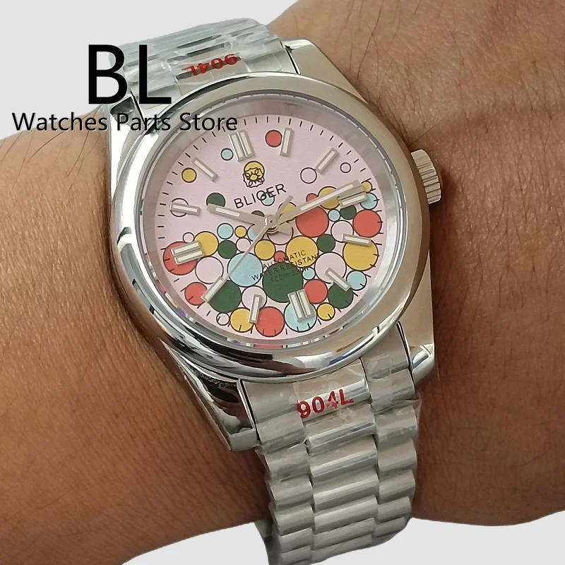 BLIGER 36mm/39mm NH35 MIYOTA PT5000 Automatic Watch For Men Sapphire Glass Celebration Color Pink Green Strap Steel Luminous