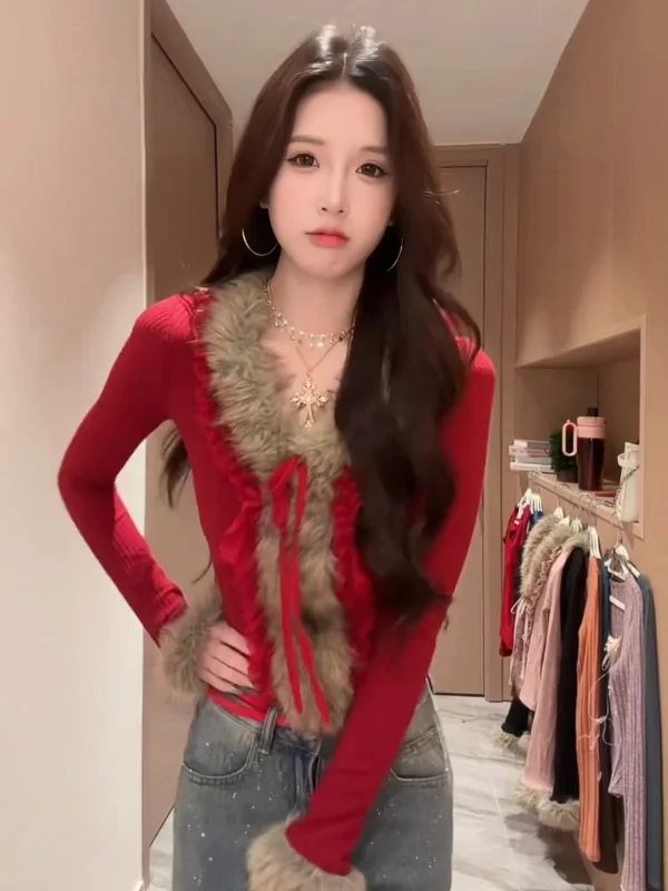 เสื้อถักไซส์ใหญ่ คอวี ทรงเอ แอโรสเฟียร์ สีแดง ฟูฟ่อง สไตล์เกาหลี แขนยาว ทรงปกติ สำหรับผู้หญิง