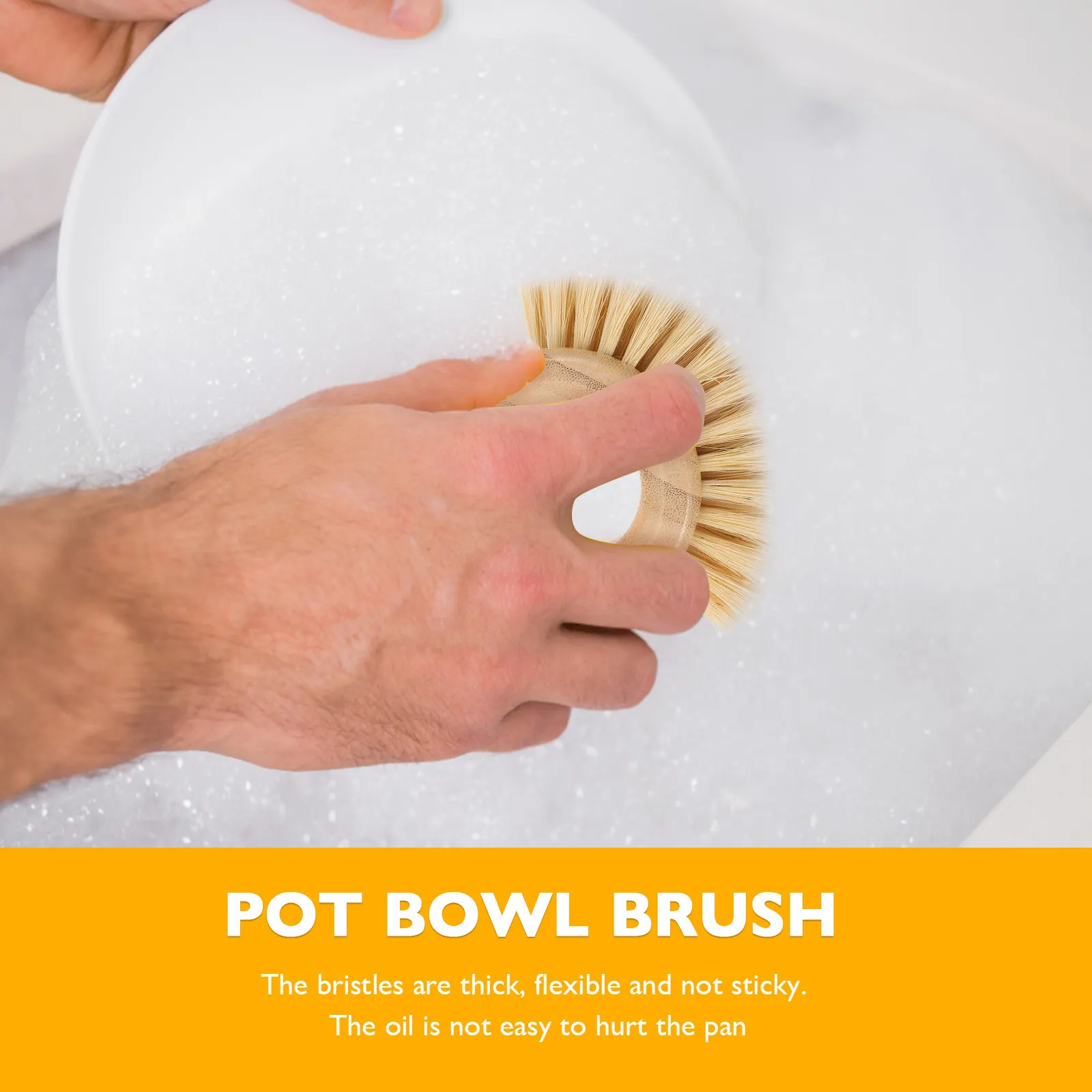 Bamboo Dish Brush Ergonomic Comfort Grip Strong Break Resistant Bristles Non Scratch Hot Water Safe Pot Bowl Fruit