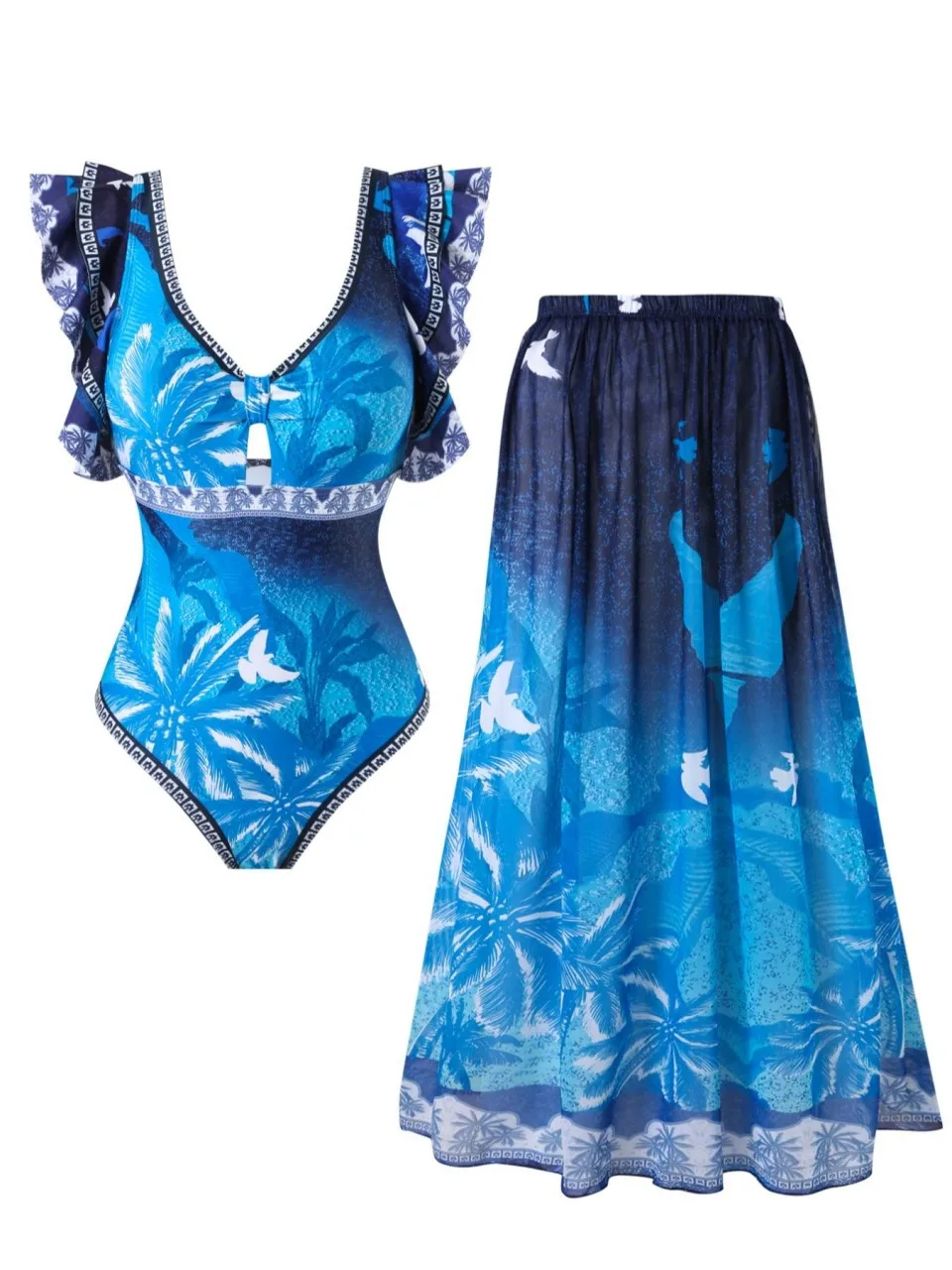 

One Piece Ruffle Tirm Swimsuit With Beach Skirt 2026 Women Printed Fashion Swimwear Female Bathers Bathing Swimming Swim Suit