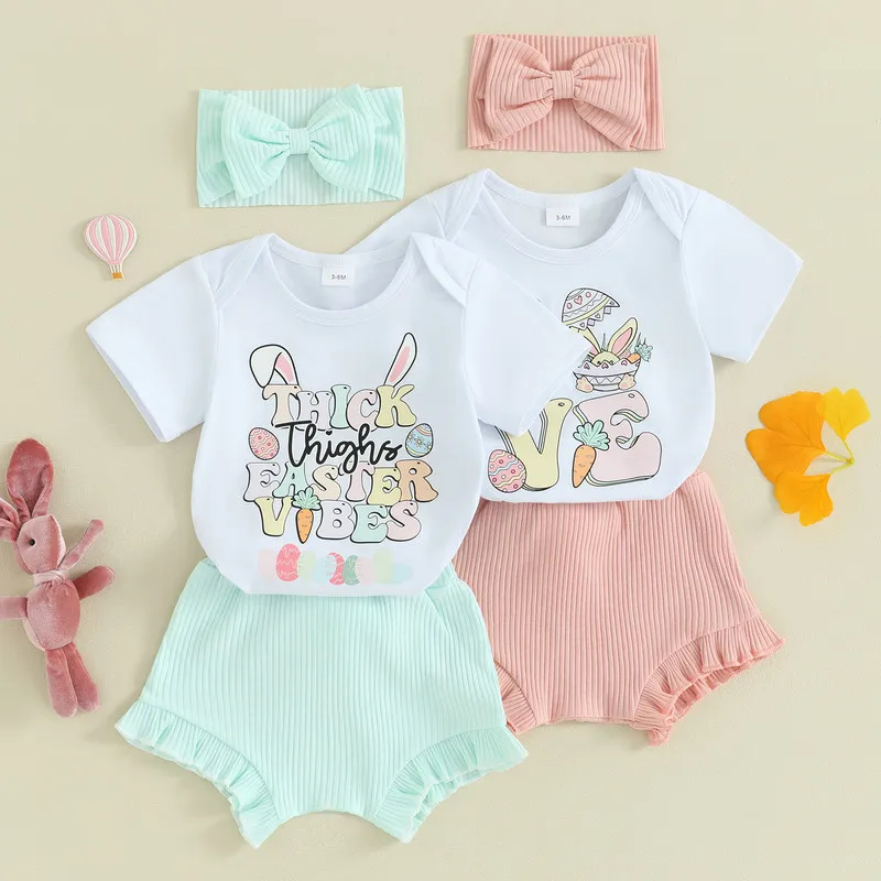 

Newborn Baby Girls Easter Shorts Sets Summer Clothes Short Sleeve Letter Bunny Egg Print Tops Ruffle PP Shorts Headband Sets