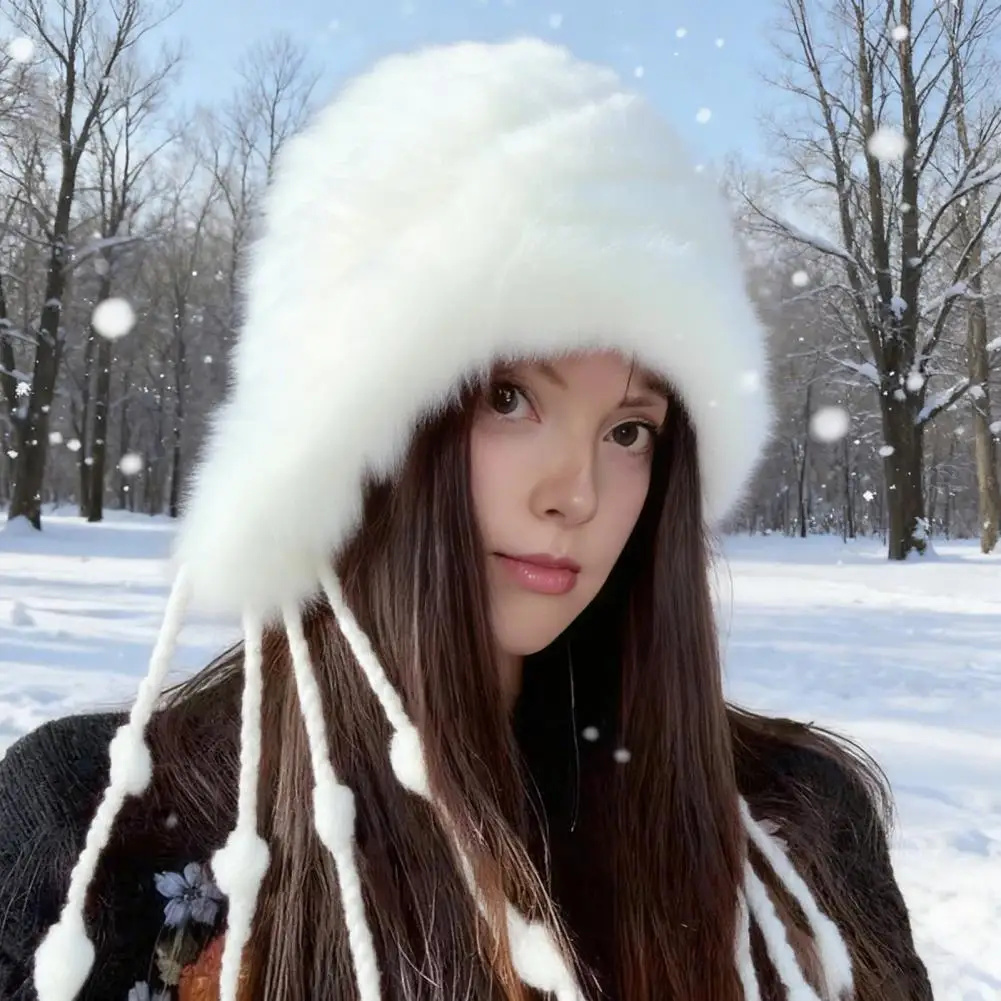 Women Knit Hat Women’s Rabbit Fur Blend Knit Hat Solid Color Tassel Comfortable Stretch Fit Winter Skiing Warm Headwear Cozy