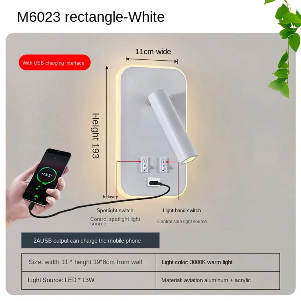 *ABAB Wall Light Backlight USB Charging 330 Degree Rotation Adjustable Wall Lamp Bedside Study Reading Sconce Lamp White