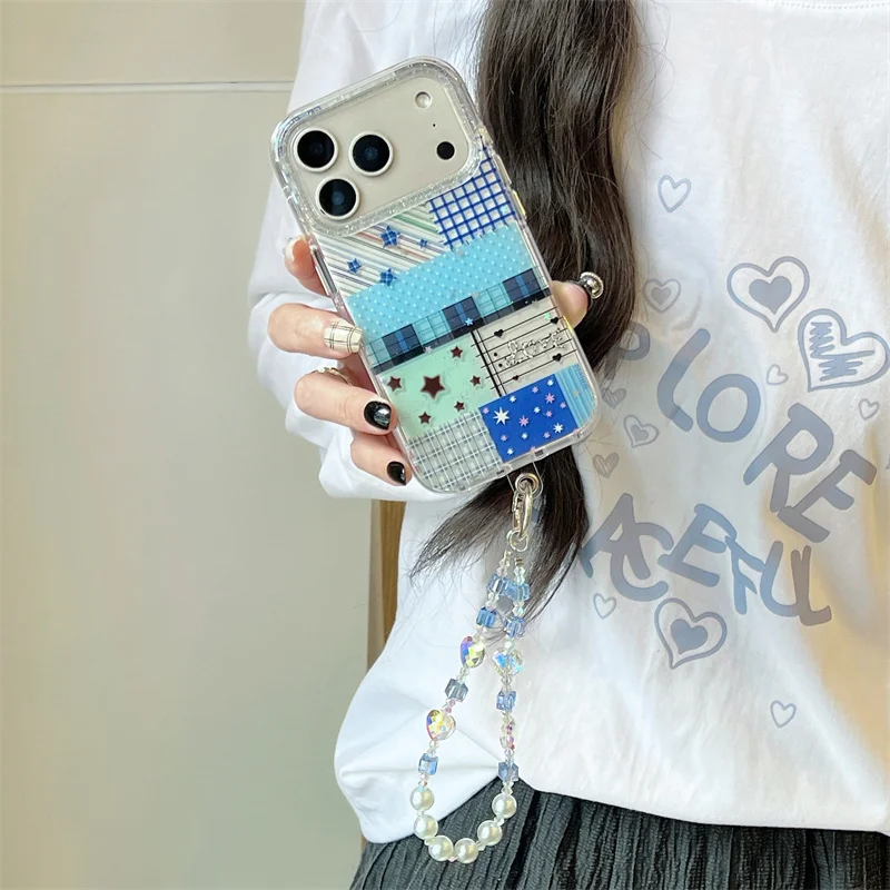 

Fashion Cute Star Plaid Pattern Phone Case For iPhone 17 Pro 14 15 16 Pro Max Back Cover with Chain Shockproof Cases Lovely Capa