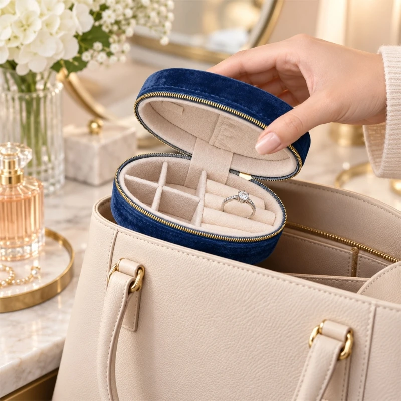 Oval Jewelry Storage Case with Fabric Cover, Interior Sections, Ring Rolls, and Zipper for Daily Storage and Travel Use
