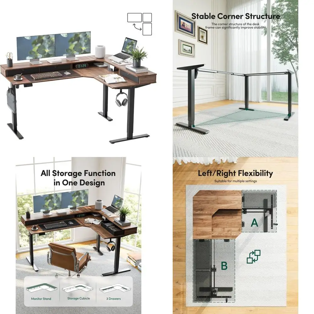 مكتب كهربائي كبير الحجم على شكل 63 × 48 لتر مع أدراج |   سطح ذو وجهين، 2 إعدادات ذاكرة الارتفاع |   أثاث المكاتب المنزلية #1