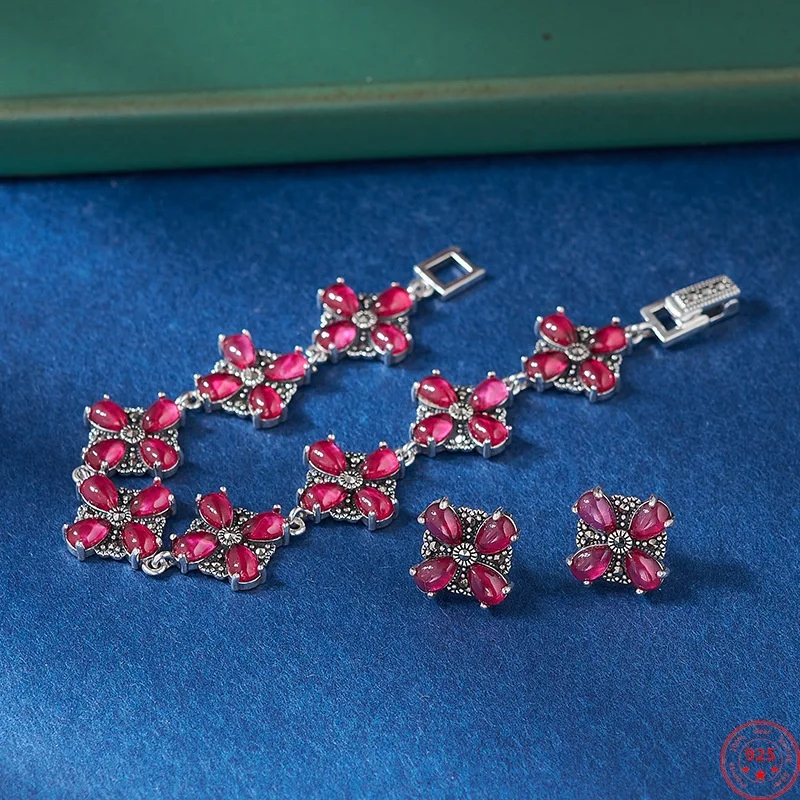 

BOCAI S925 Silver Bracelets Stud Earrings for Women Retro Flowers Inlaid Ruby Bangle Hand String Ear Studs Jewelry Wholesale