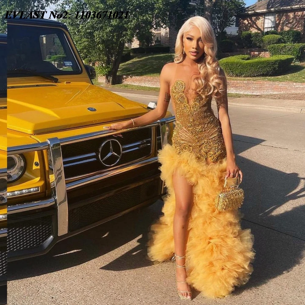 EVLAST Customized Luxury Gold Ruffles Mermaid Prom Dress High Slit Crystal Beaded Black Girls Evening Gala Party Gown E2P413