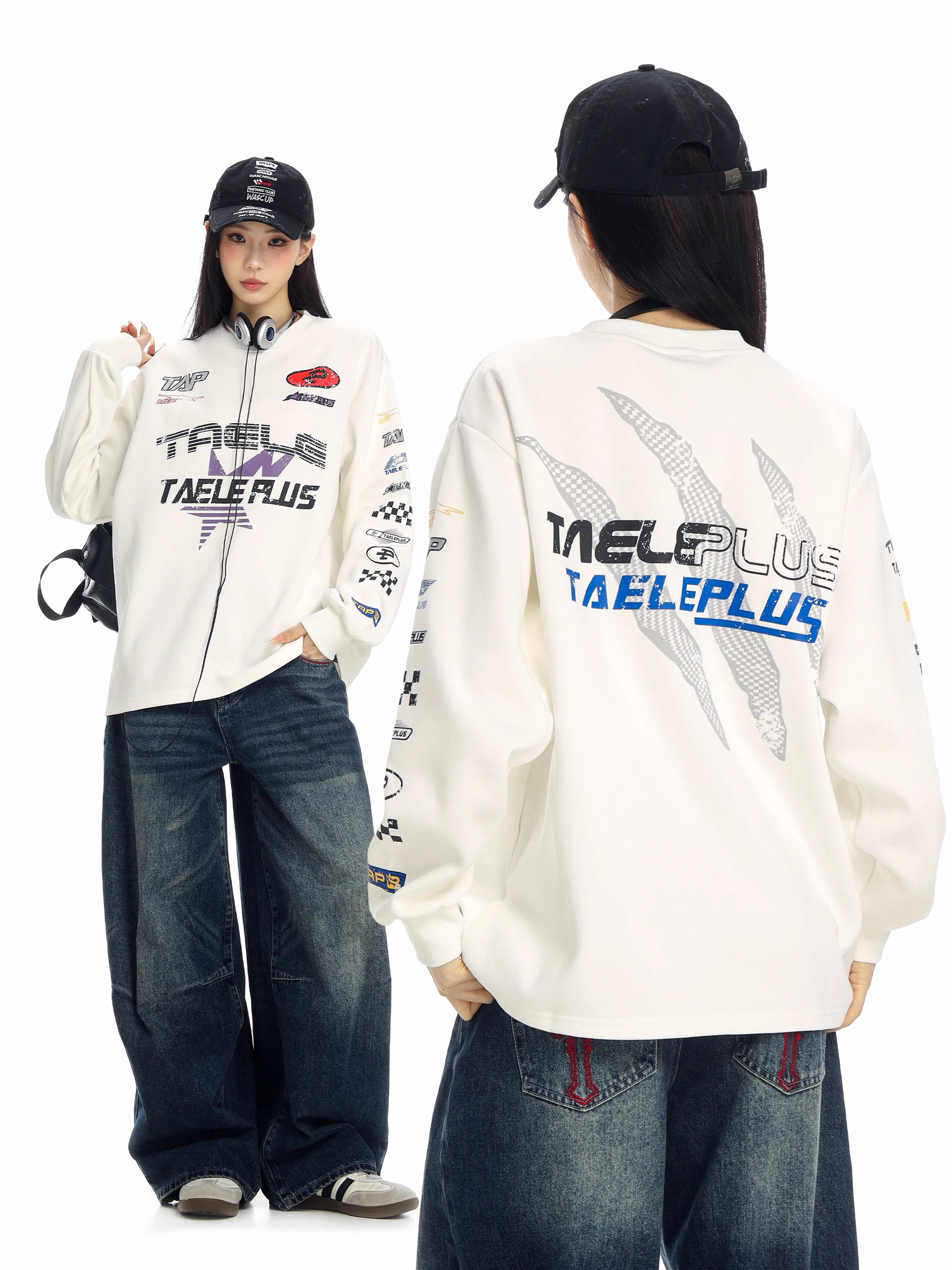 

Loose Fit round Ne T-irt Hoodie Women's Spring American Racing Sle Printed Casual Top Trendy Ins Breathable Cotton Poly...