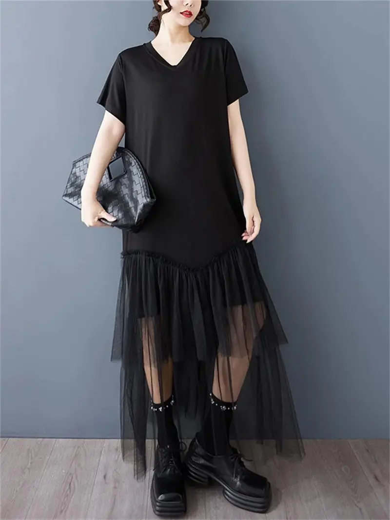 2025 ฤดูร้อนผู้หญิง PLUS ขนาดภาพลวงตา Two-Tone Dress-ตาข่ายใส่เสื้อยืดสีดํา Maxi ชุดลําลอง G274