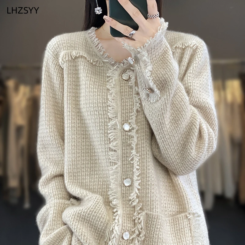 LHZSYY Women's Cashmere Cardigan Autumn Winter New Fringe Knit Jacket Fashion Large Size Sweater Coat O-Neck Shirt Female Blouse