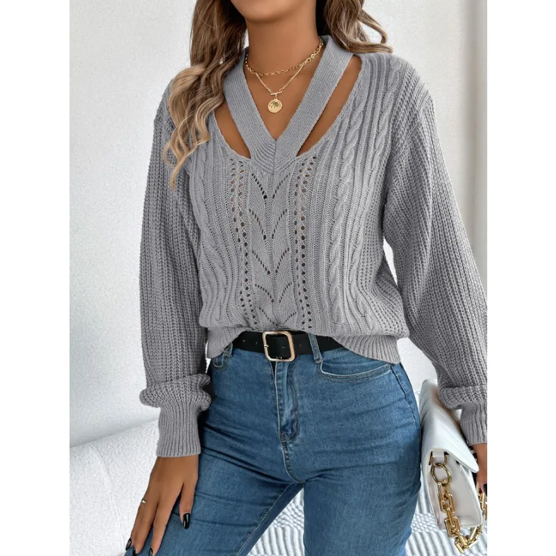 2025秋冬ファッション カジュアル Vネック レディース ニットセーター トップス エレガント 無地 ランタン袖 レディース プルオーバーセーター