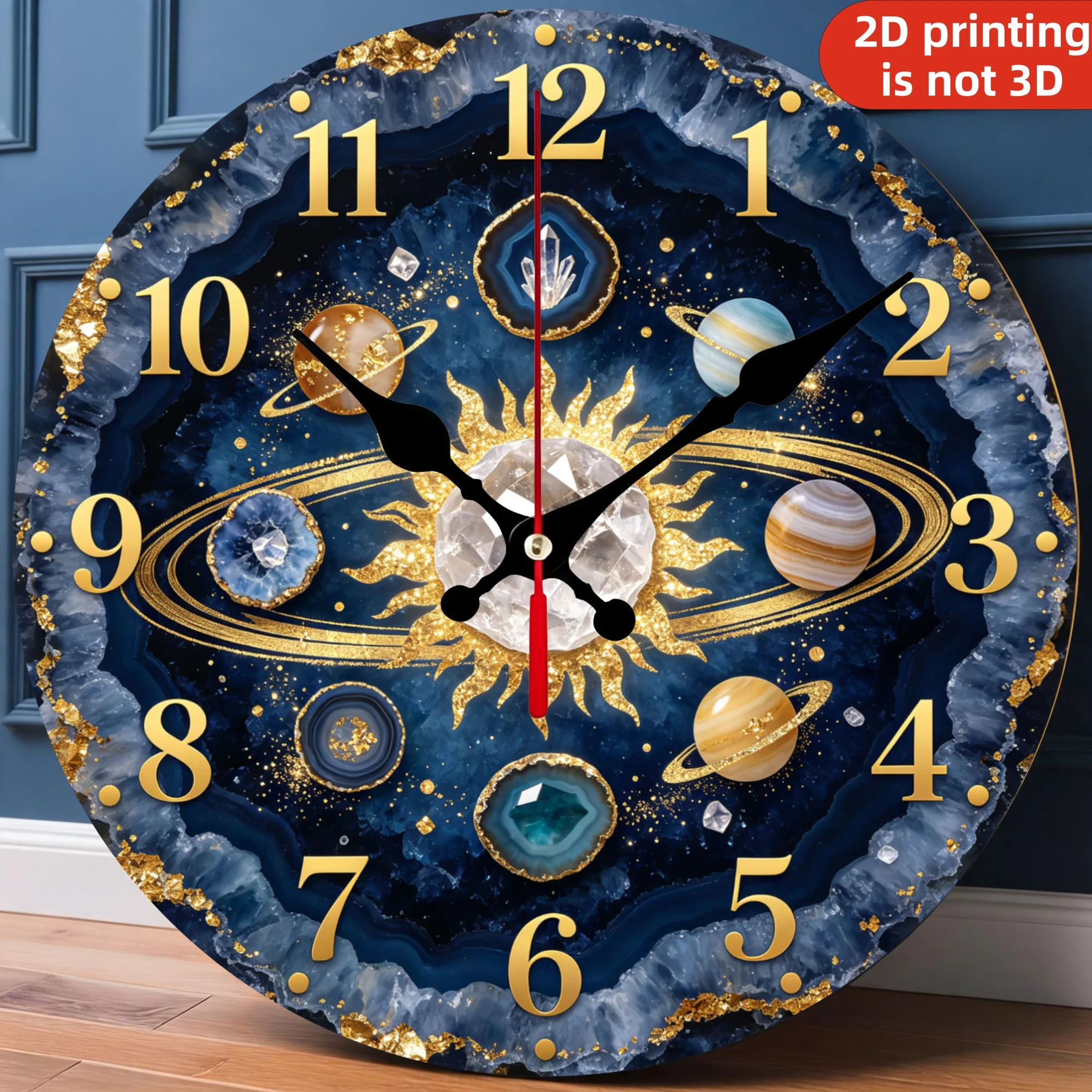 Blue Agate Crystal Solar System Wooden Wall Clock, 10/12 Inch Round Wood Clock, Silent Non Ticking Quartz Movement, Gold Sun Geode Gem Printed Home Decor