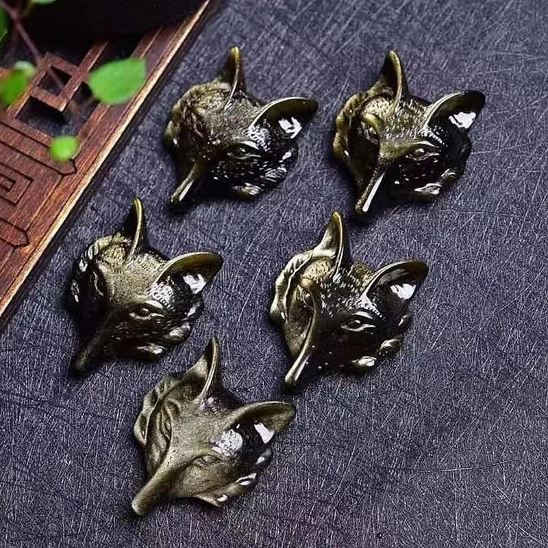 Natural Gold Obsidian Hand Carved Wolf Head Pendant Fashion Boutique Jewelry Men's and Women's Wolf Necklace Gift Accessories