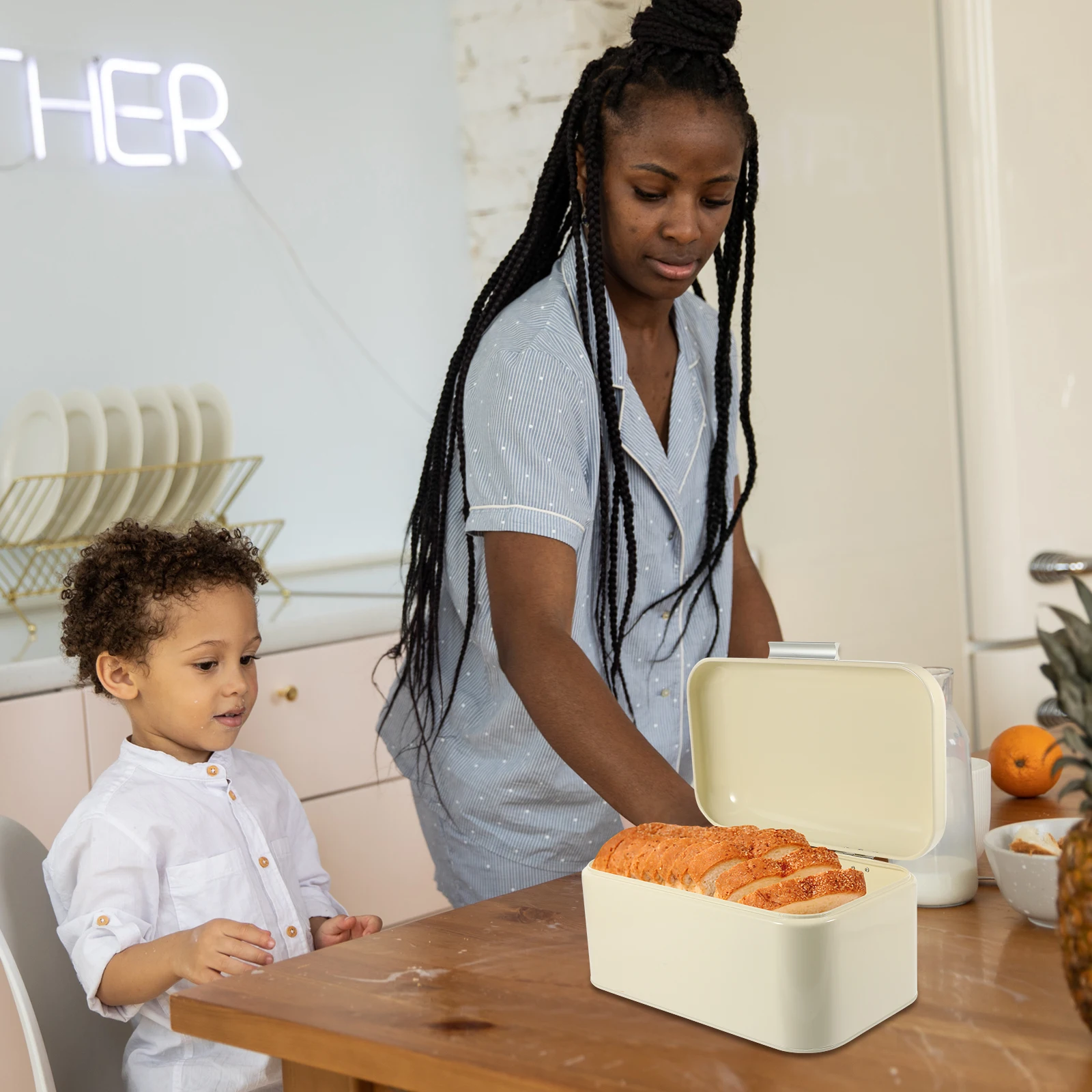 

Box Storage Container for Kitchen Pantry Bread Holder Snack Food Organizer Compact Lightweight Shiny Fingerprint