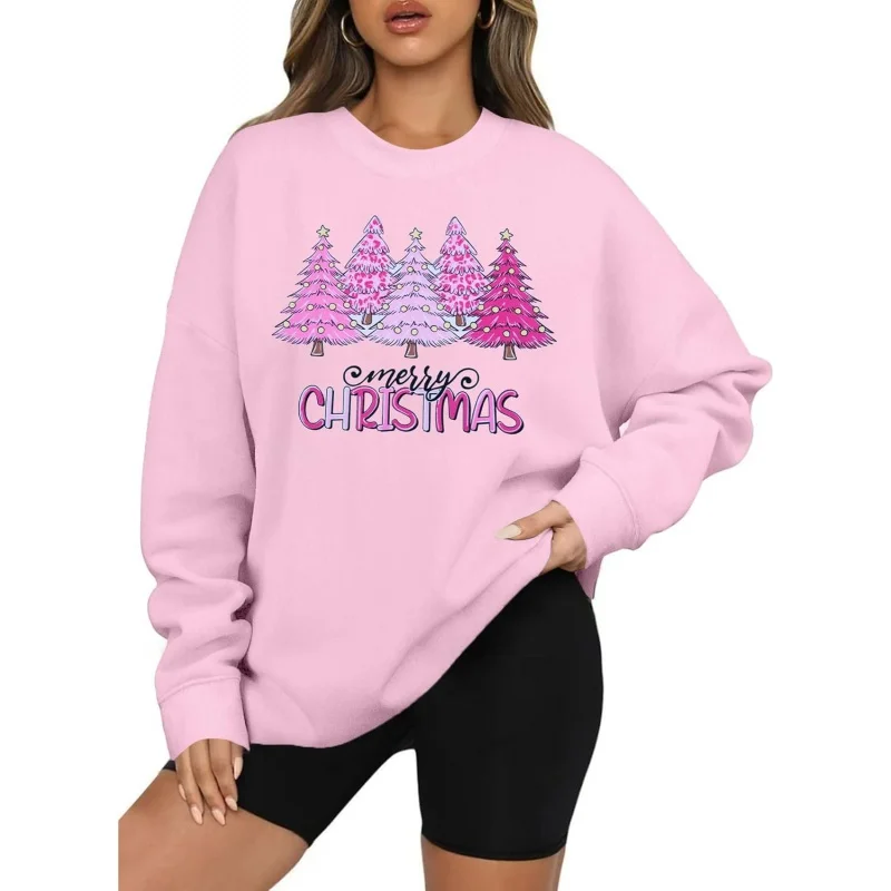 Christmas women's casual fashion long sleeve loose sweatshirt happy bright checkered pattern hoodie top pink